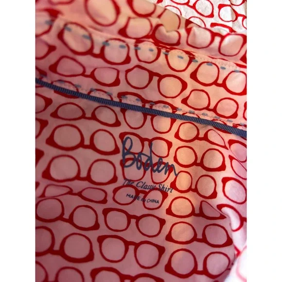 Boden The Classic Shirt Red White Eyeglasses Print Cotton Button Down US 12R - Picture 7 of 9